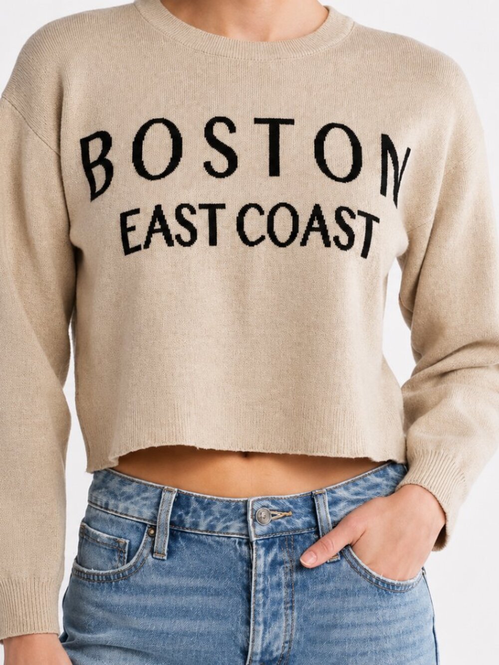 Hippie Rose Boston East Coast Cream Cropped Graphic Sweater Size M